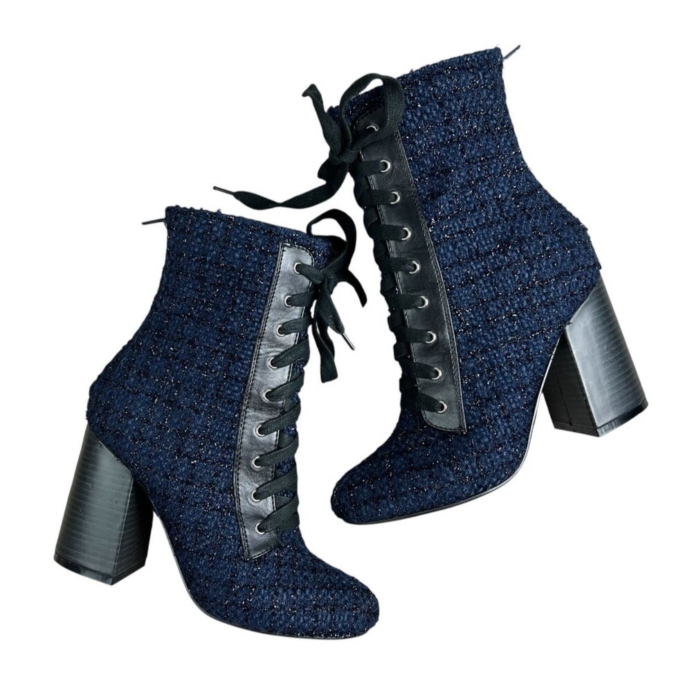 Forever 21 Tweed Lace-up Boots w Zipper Size 7.5 Blue Metallic Grandma Boots
